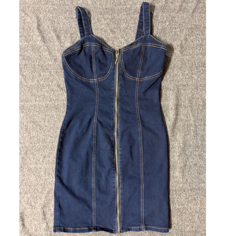 Nicki Minaj Denim Bodycon Mini Dress Dark Wash Zip Front Bustier Blue Medium